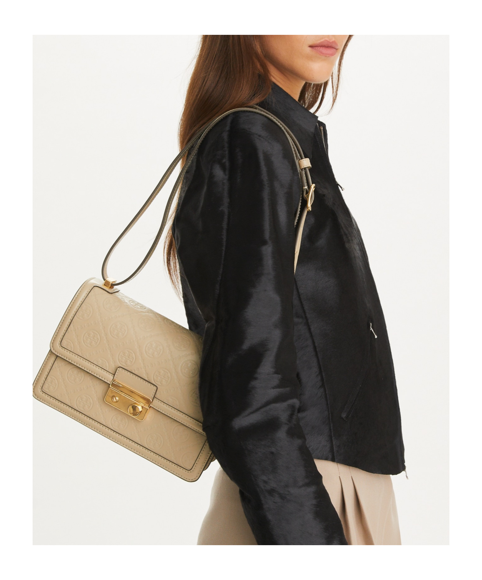 Tory Burch T Monogram Leather Shoulder Bag In Nude