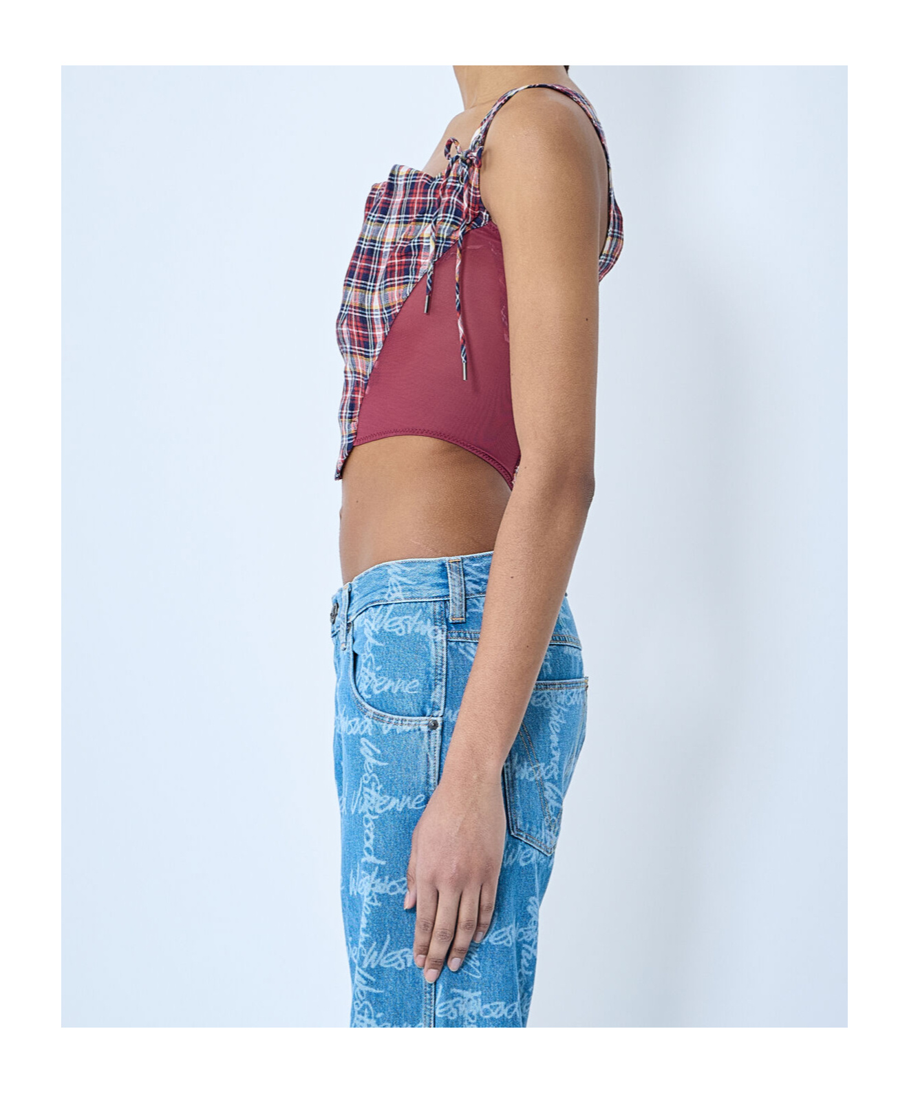 Vivienne Westwood Puppy Mesh-trimmed Checked Linen And Cotton-blend Bustier Top In Multicolor