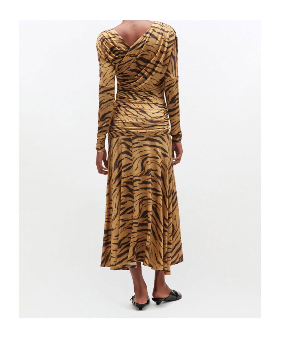 Ganni Asymmetric Draped Tiger-print Maxi Dress In Yellow
