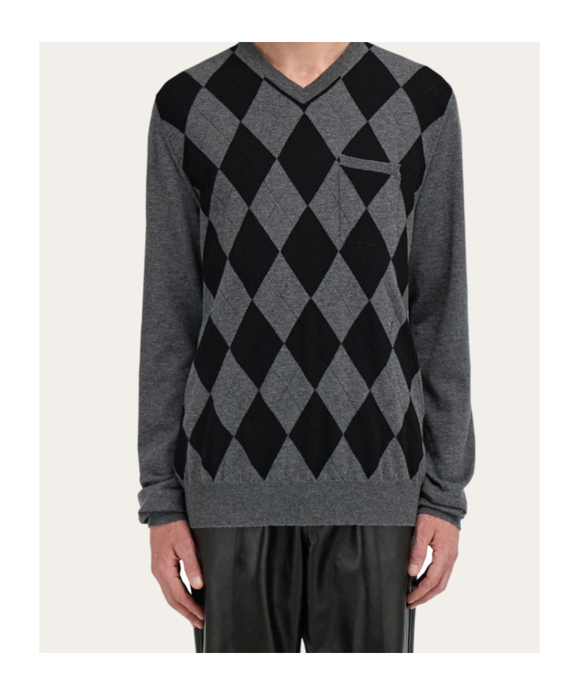 Ferragamo Argyle Pocket V-neck Sweater In Gray