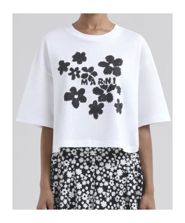 Marni White Cotton T-shirt With Daisy Garden Print In White