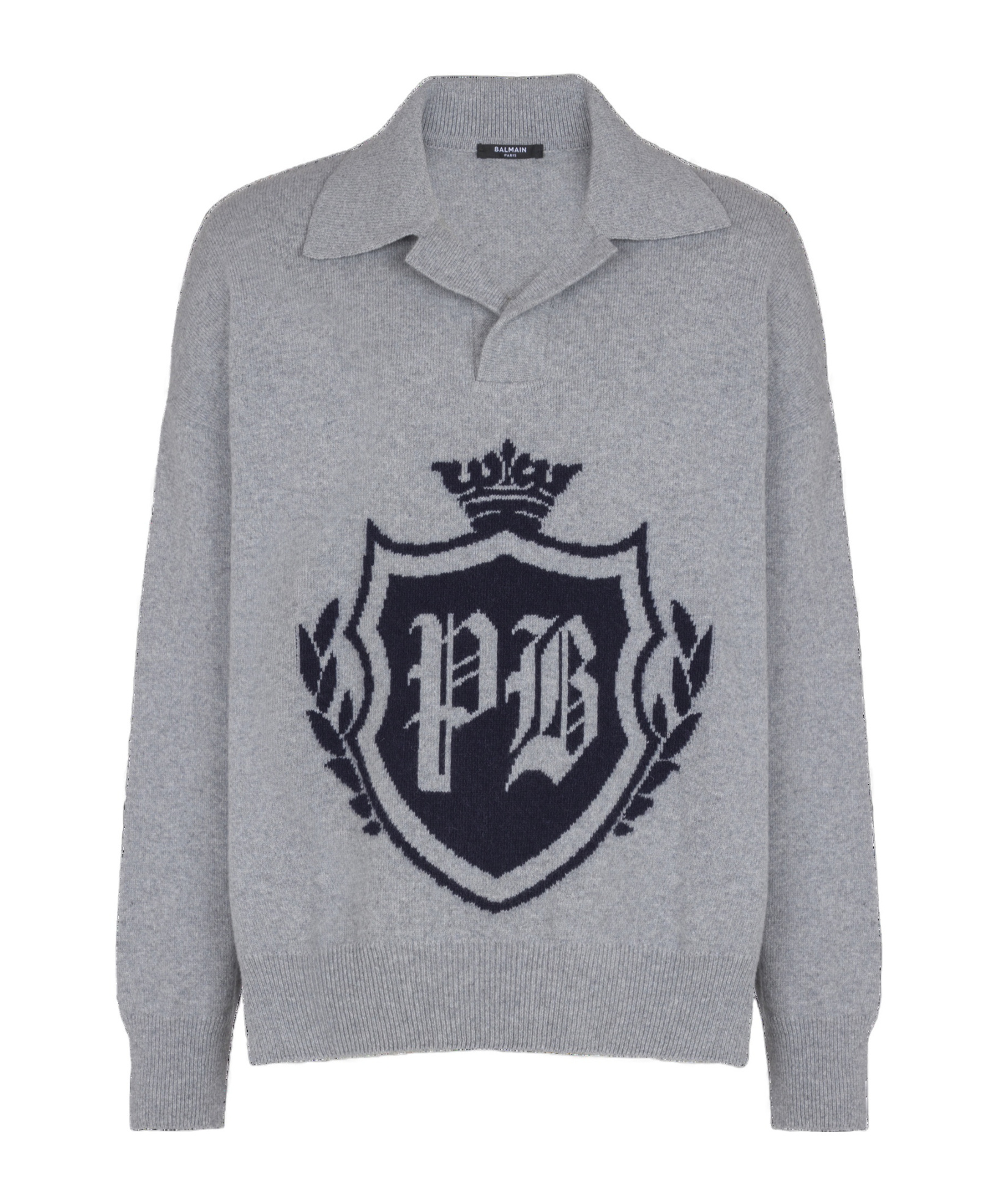 Balmain College Emblem Polo Sweater In Eco-cashmere In Gray