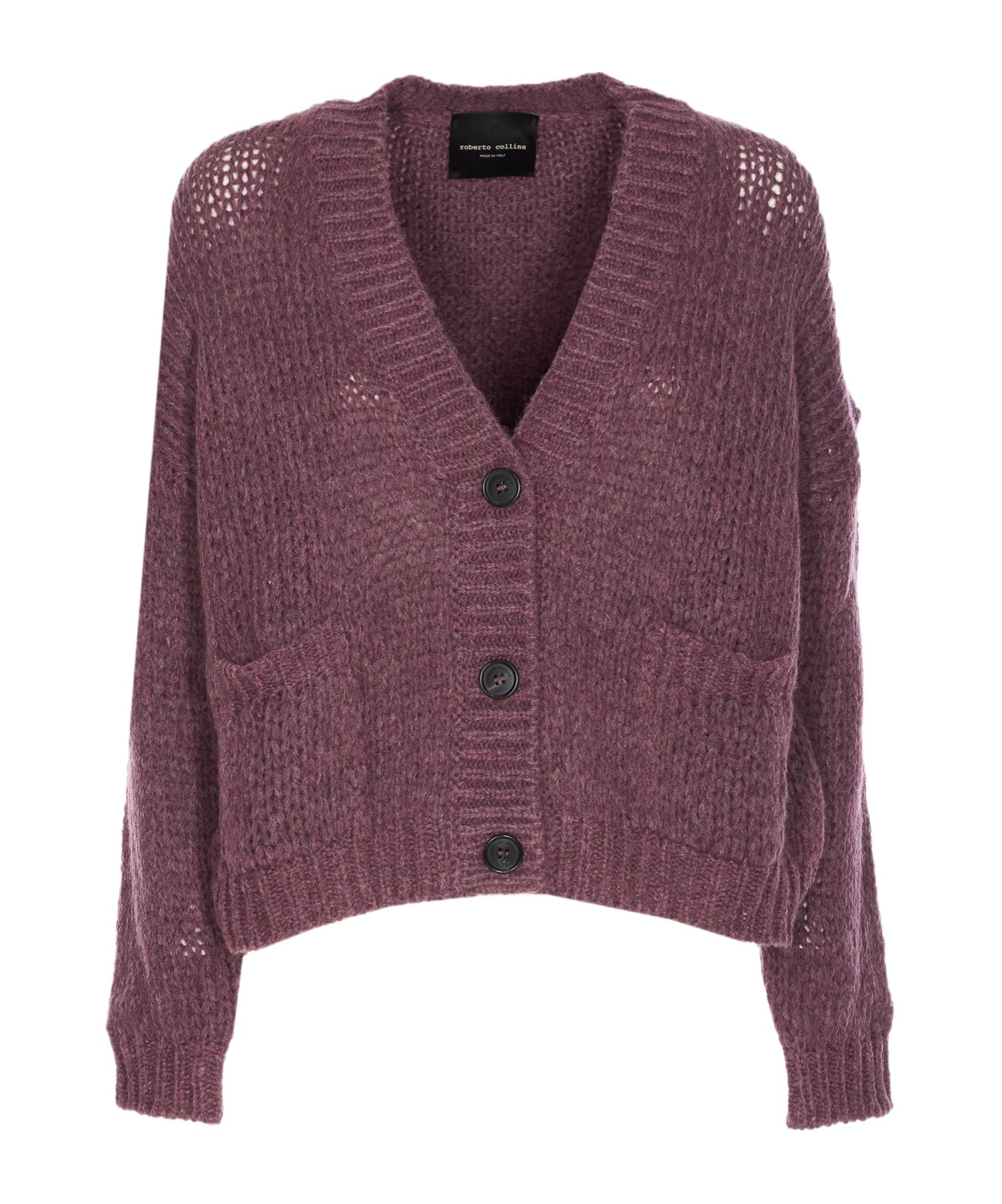 Roberto Collina V-neckline Textured Knit Cardigan With Front Pockets In Purple