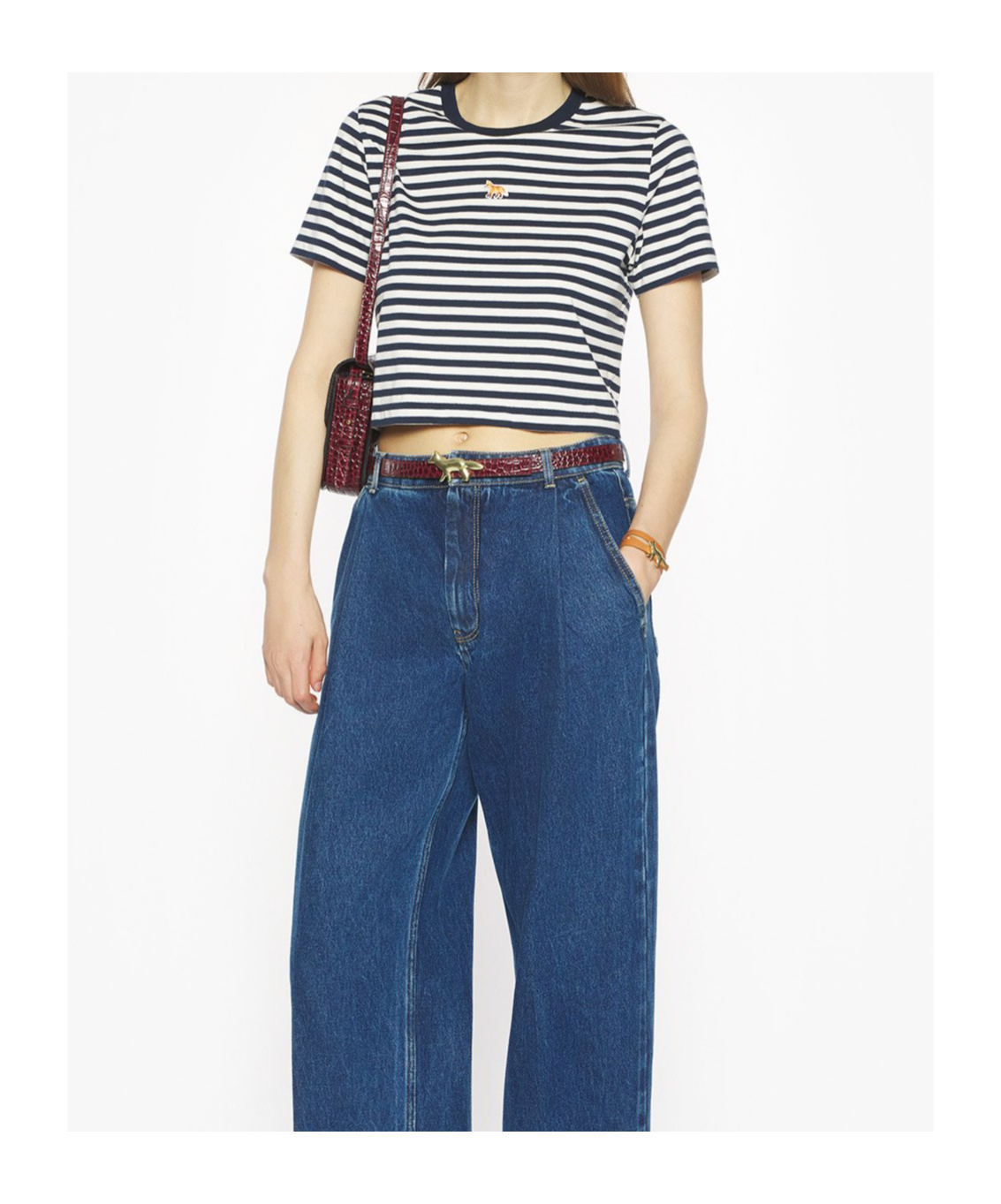 Maison Kitsuné Baby Fox-embroidered Striped Cropped Top In Blue