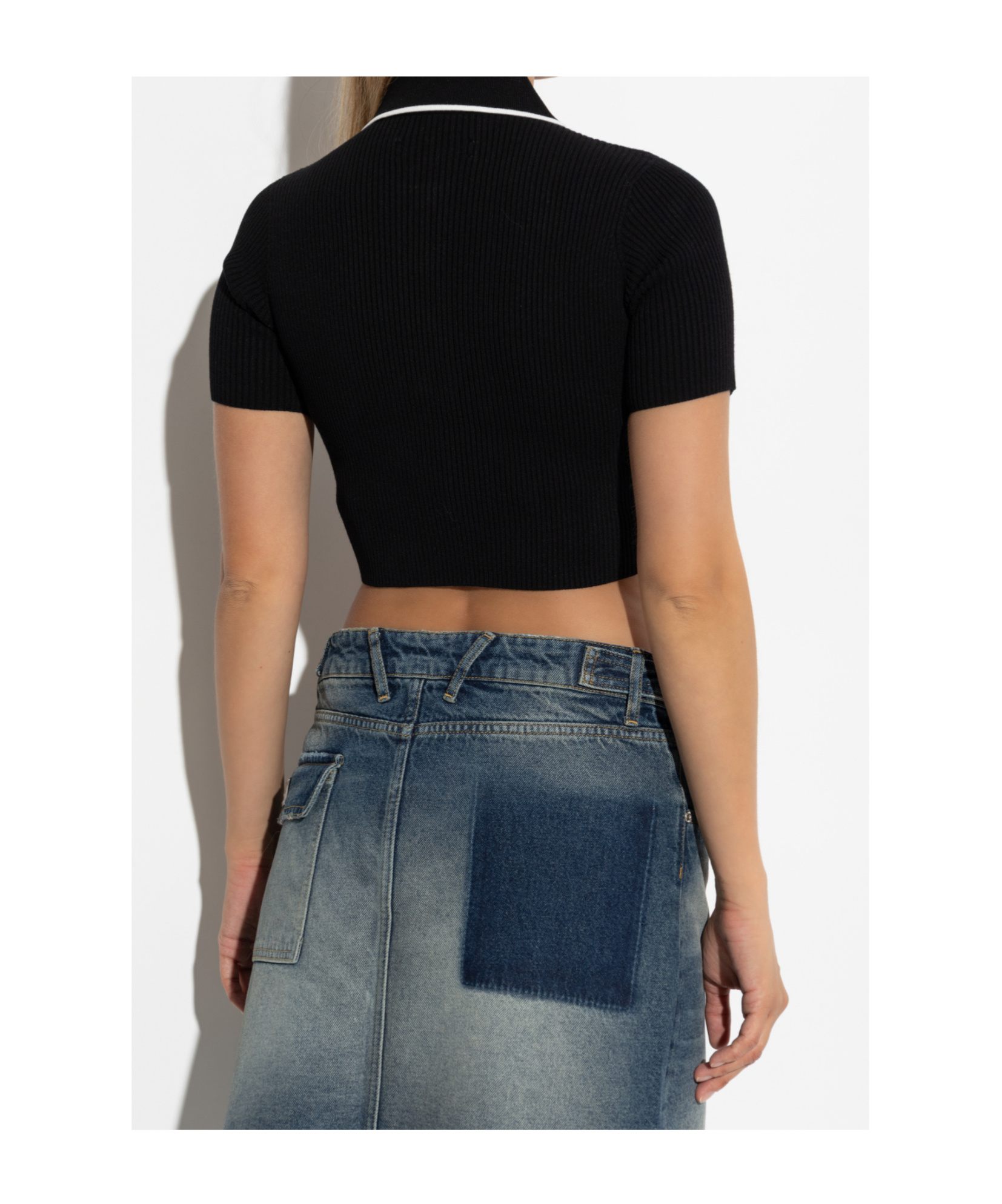 Amiri Cropped Polo Knit Top With Ribbed Texture In Black