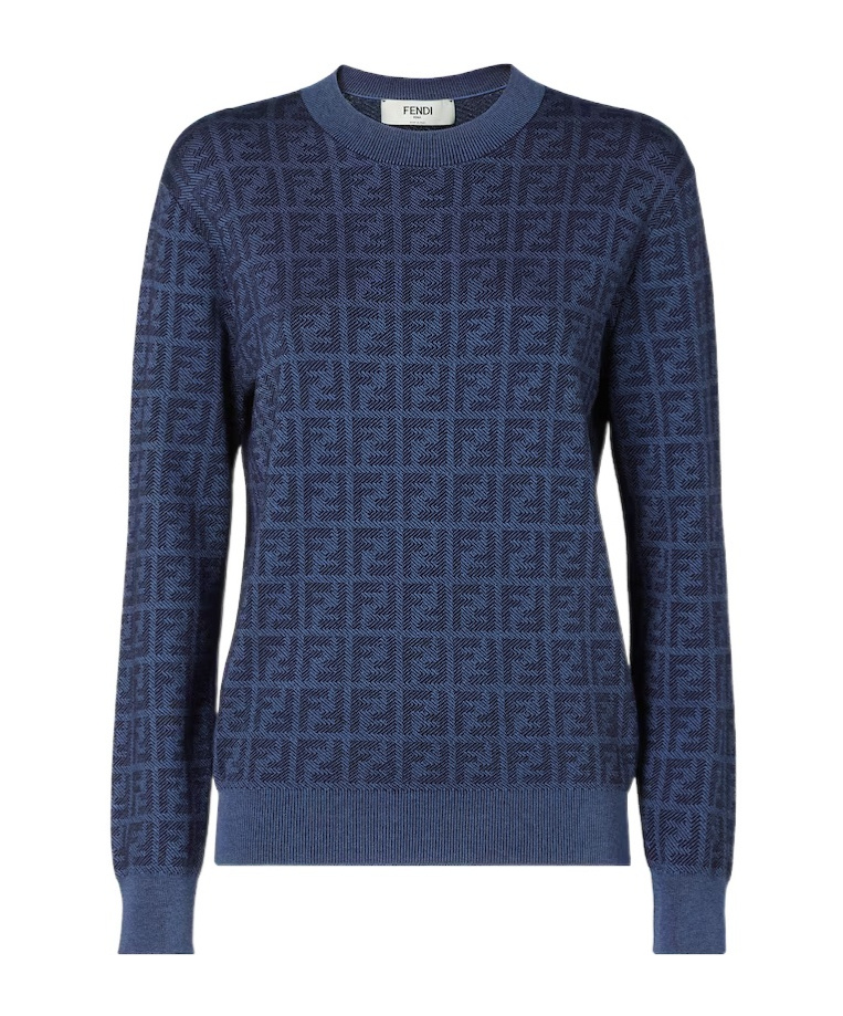 Fendi Blue Wool And Silk Ff Jumper In Blue