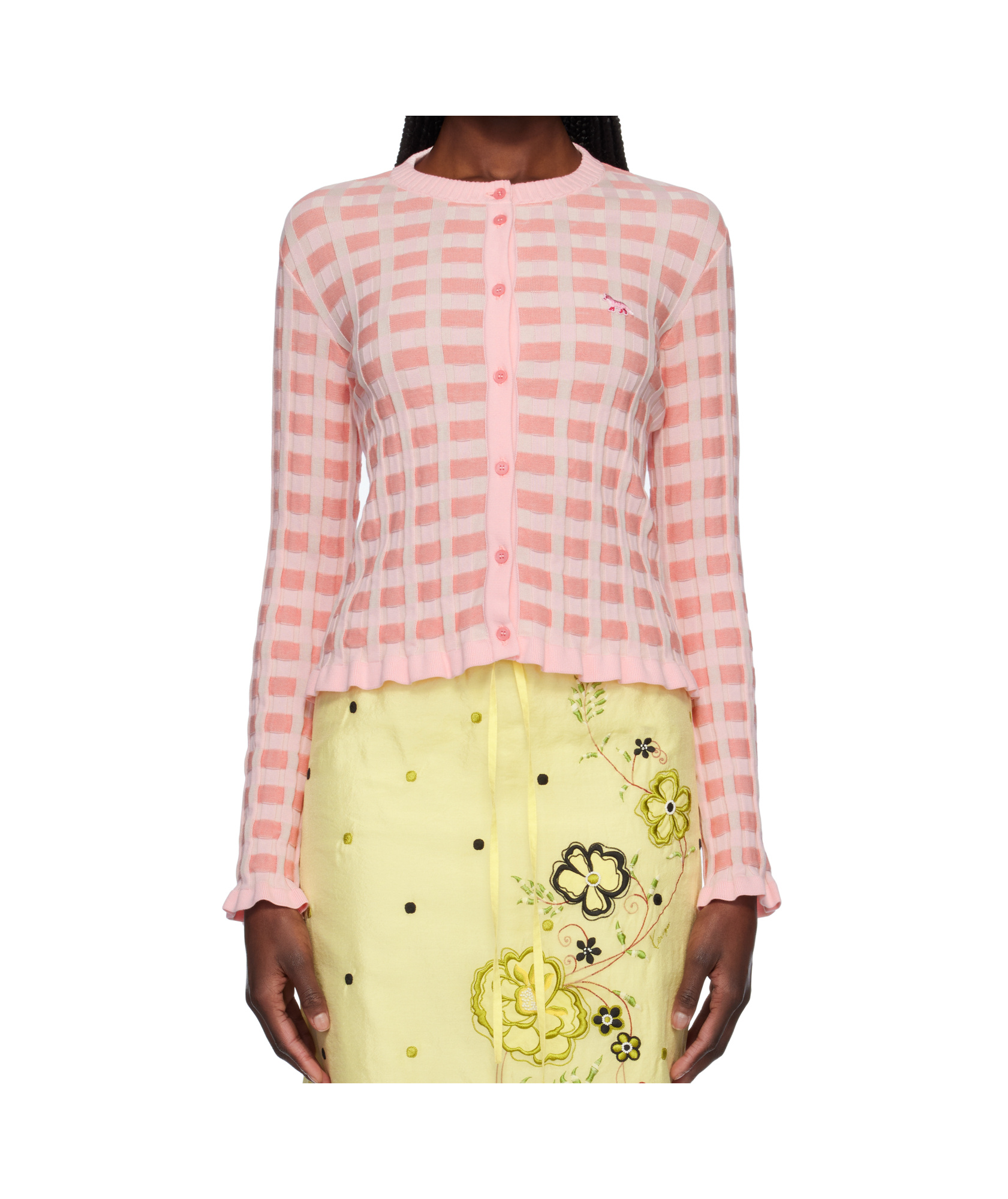 Shop Maison Kitsuné Checked Ribbed Cardigan In Pink
