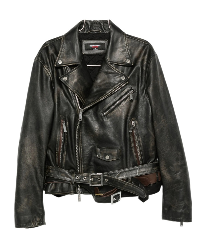 Dsquared2 Belted Leather Biker Jacket In Black