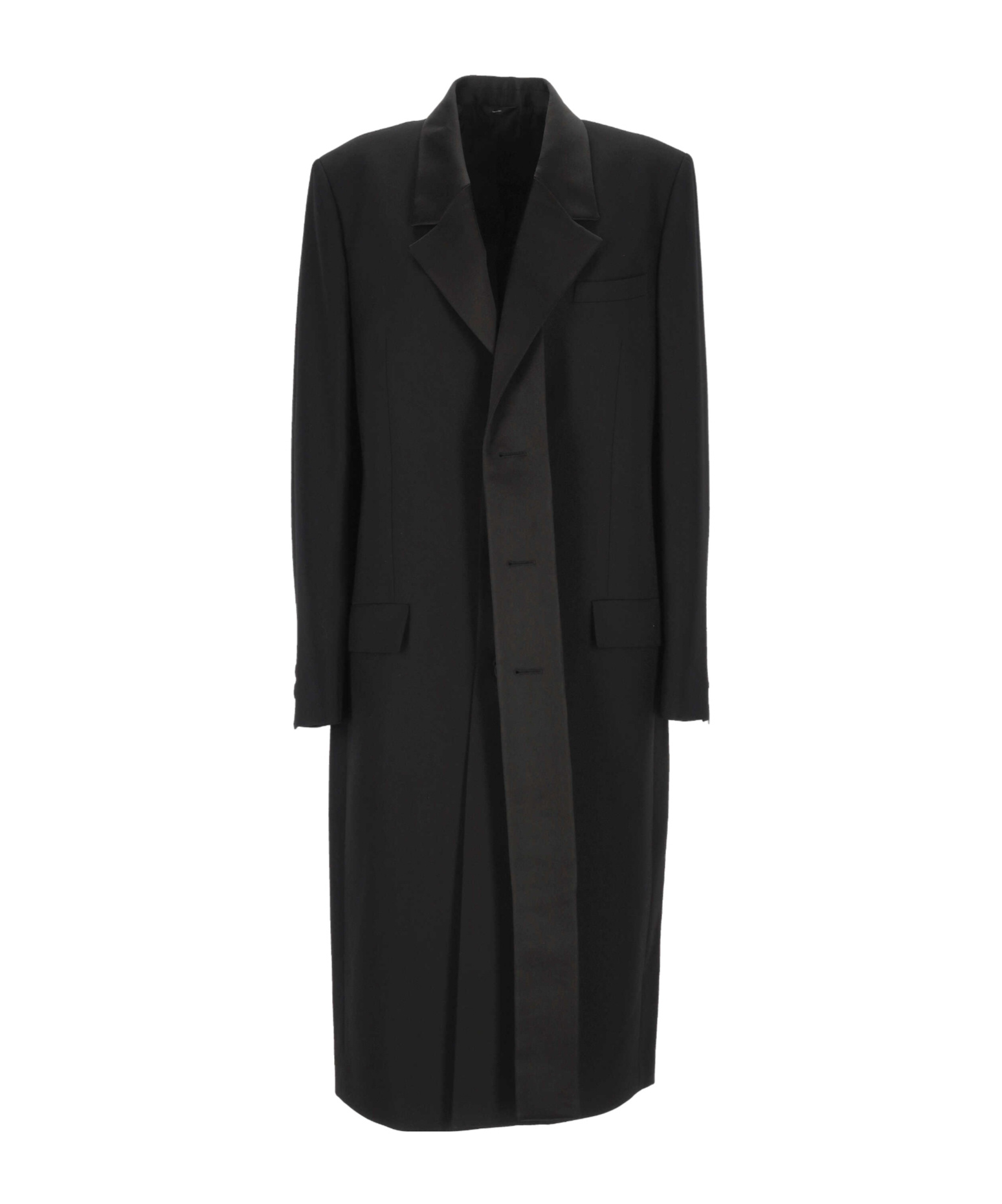 Fendi Crepe Wool Coat With Double Layer Satin Lapel In Black