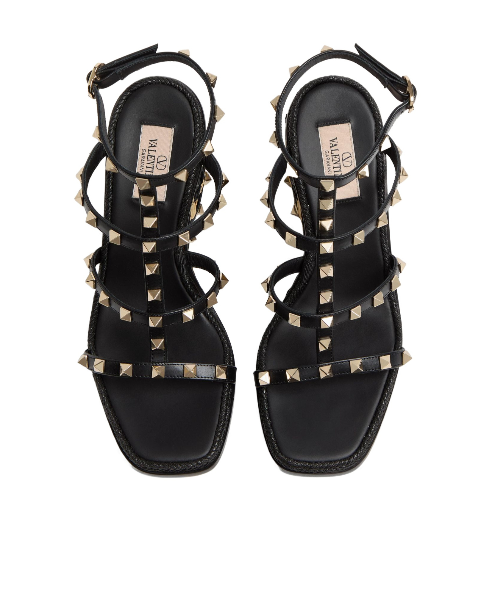 Valentino Rockstud Caged 90 Leather Ankle Strap Wedge Sandal In Black