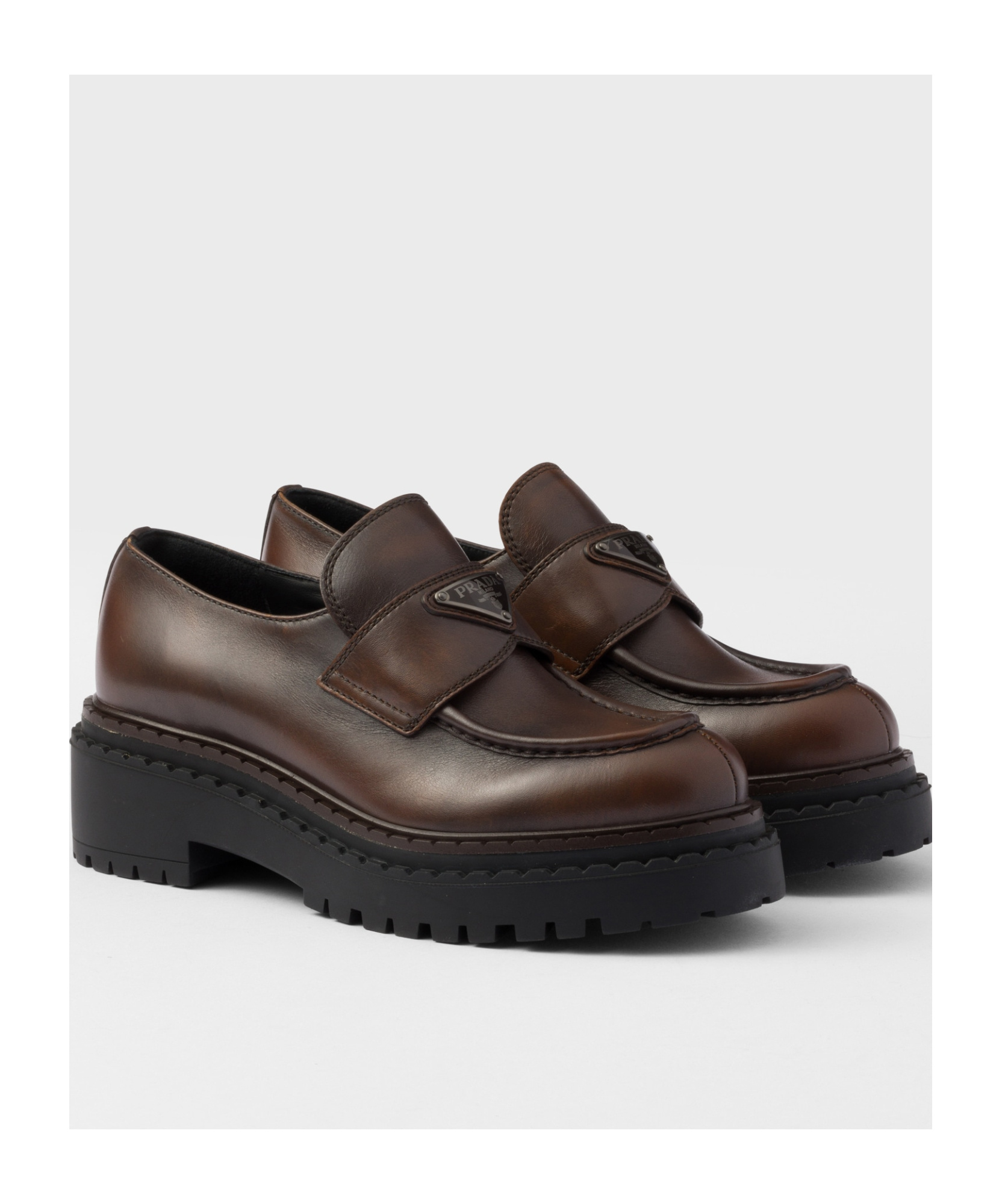 Prada Chocolate Cognac Brushed Leather Moccasin Women In Brown