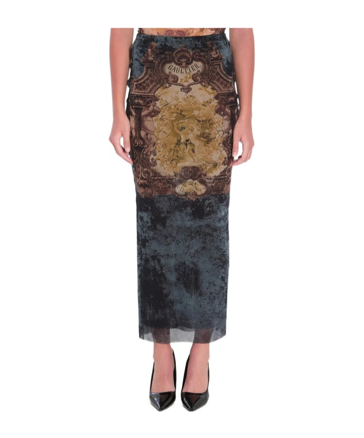 Jean Paul Gaultier Graphic Print Fitted Tulle Skirt In Black