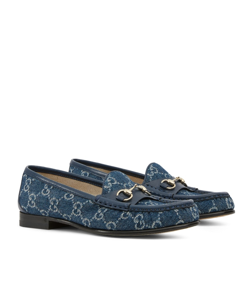 Gucci Denim Loafers With Embroidered Monogram Pattern In Blue