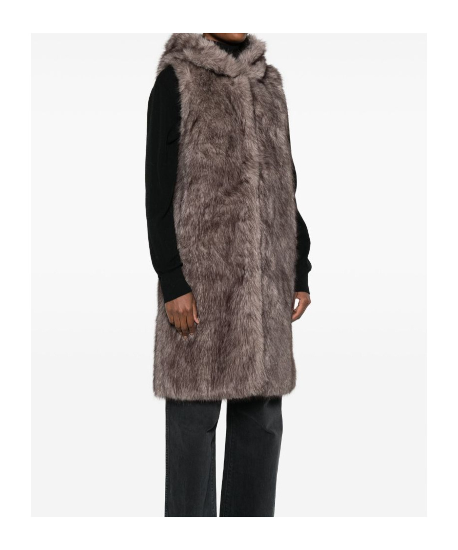 Betta Corradi Hooded Sleeveless Coat In Plush Faux Fur In Brown