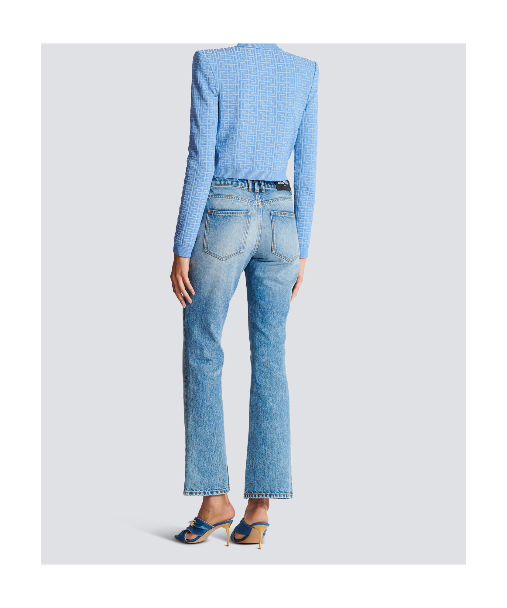 Balmain Pb Labyrinth Knitted Cropped Cardigan In Blue