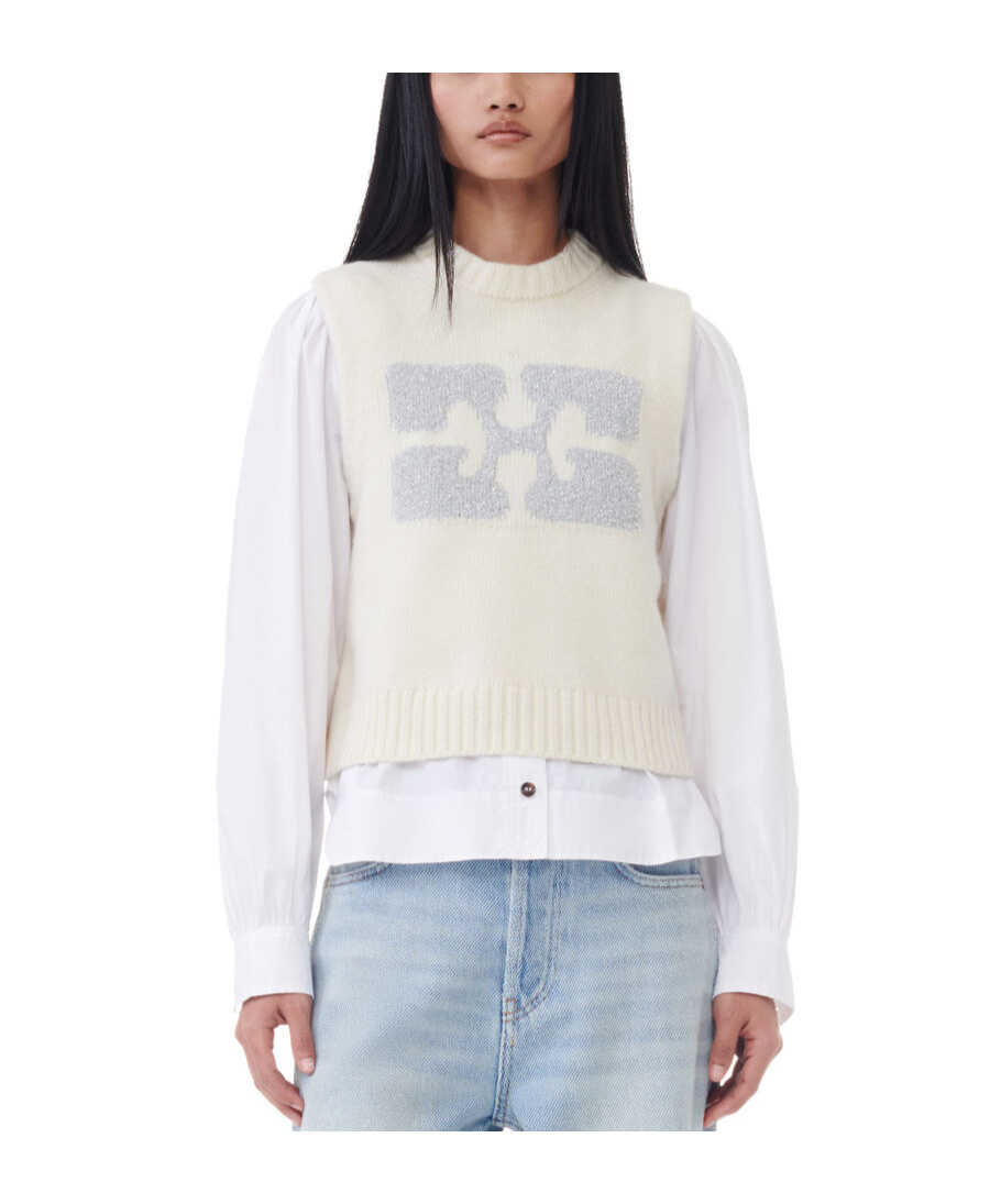 Ganni Beige Recycled Wool Blend Vest With Contrasting Front Logo In White