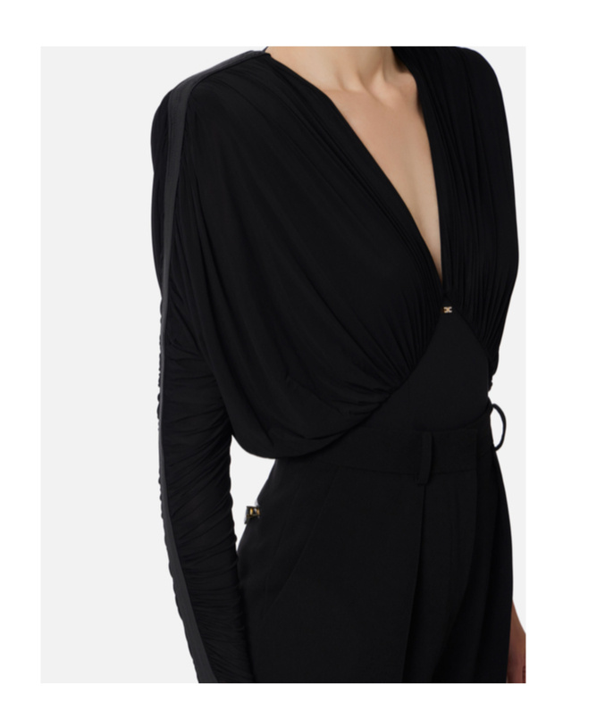 Elisabetta Franchi Draped V Neck Sheer Fabric Top In Black