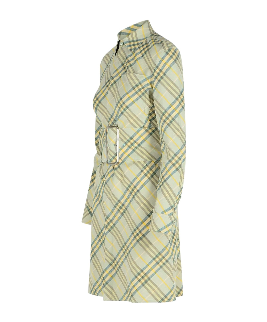 Burberry Belted Checked Linen-bend Mini Shirt Dress In Green
