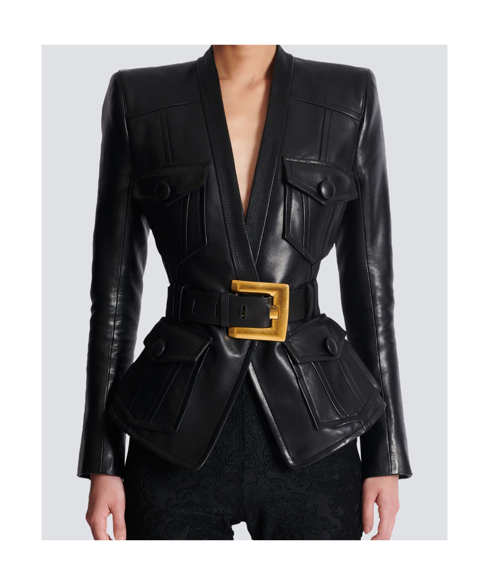 Balmain Belted 4 Pokets Fitted Lambskin Jacket Clothing In Black