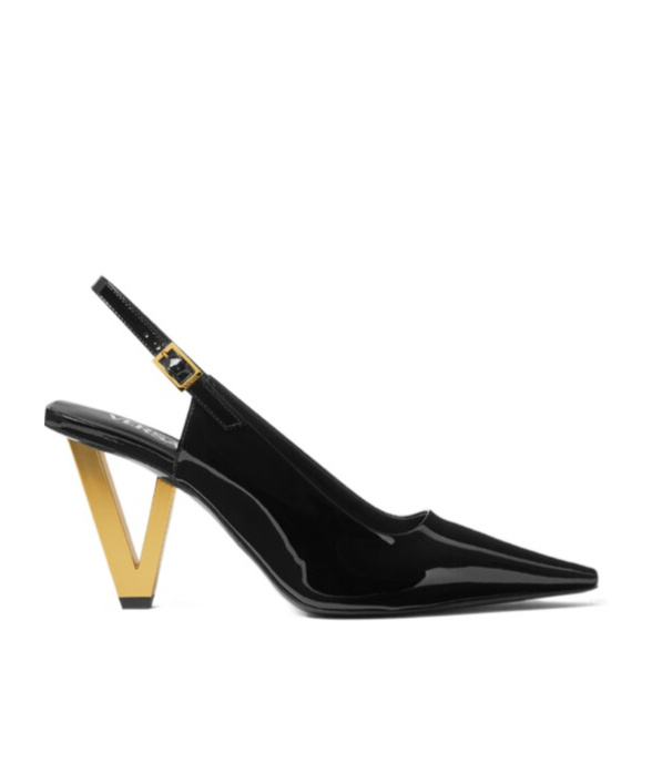 Versace Black V2025 Patent Slingback 85 Mm Heels In Black