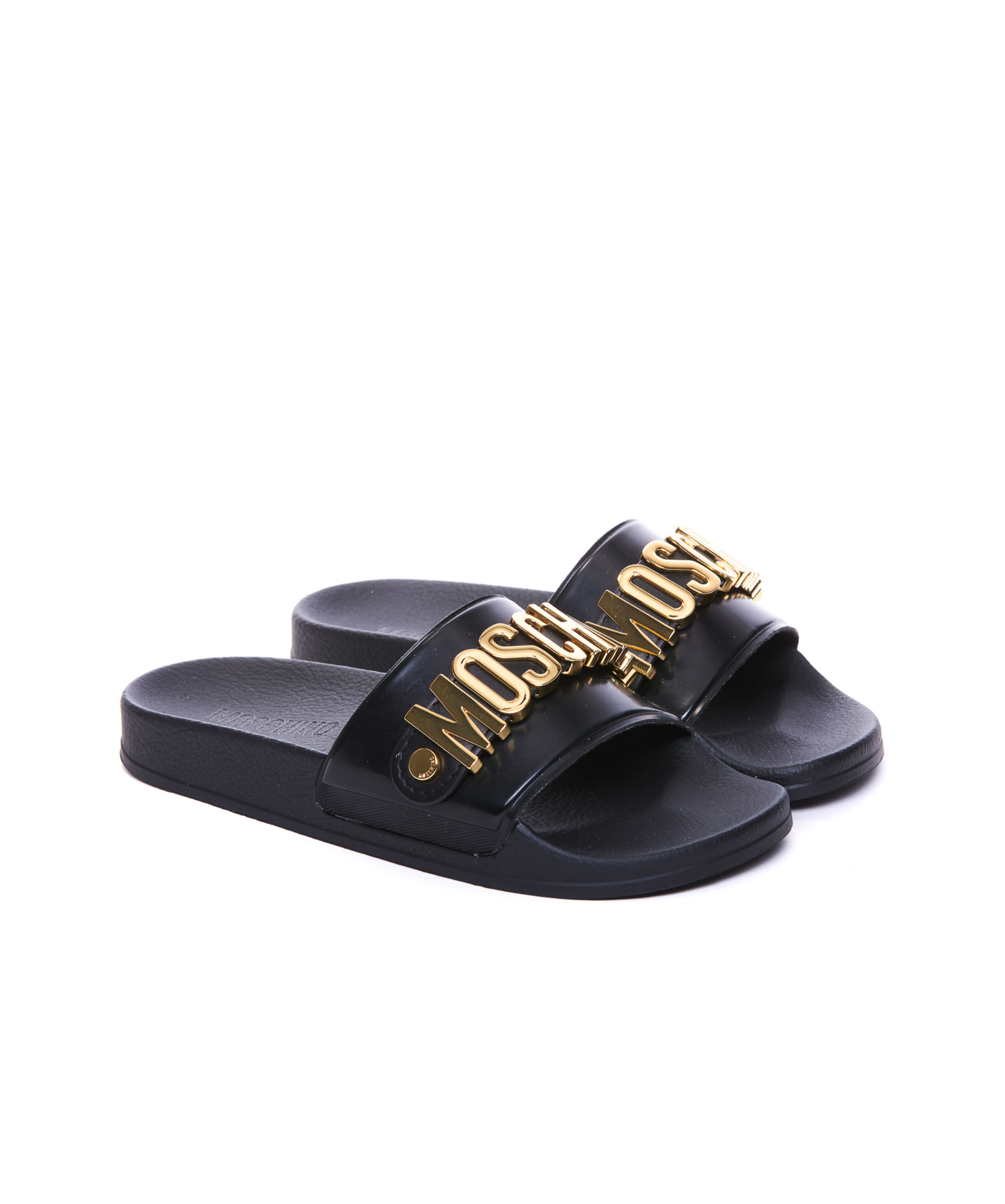 Moschino Logo Lettering Round Toe Slides In Black
