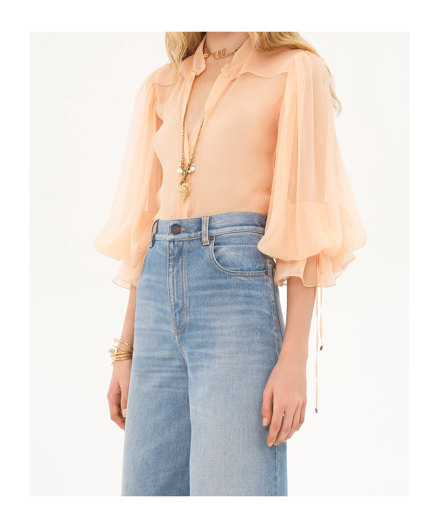Chloé Sheer Fabric Blouse Drawstring Cuffs In Nude