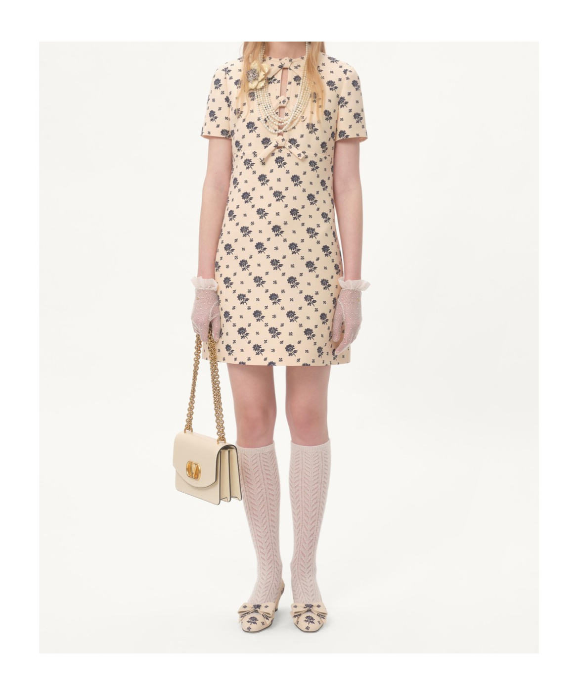 Valentino Floral Print Bow Keyhole Wool Mini Dress In Nude