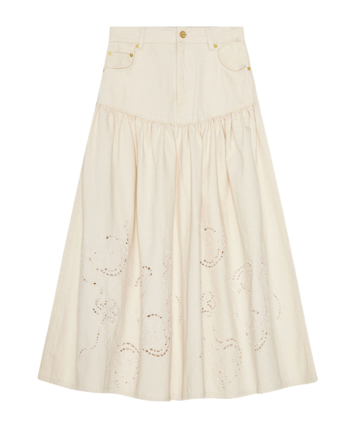 Ganni Embroidered Denim Skirt In Neutral