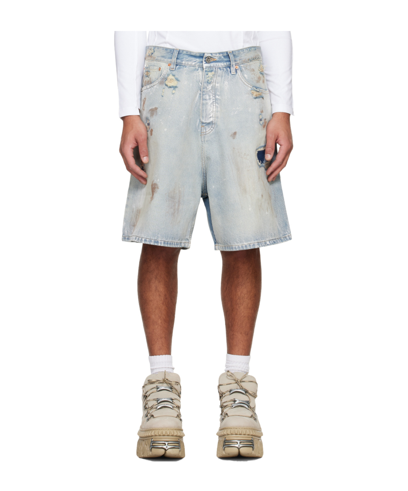 Vetements Blue Trashed Denim Shorts In White