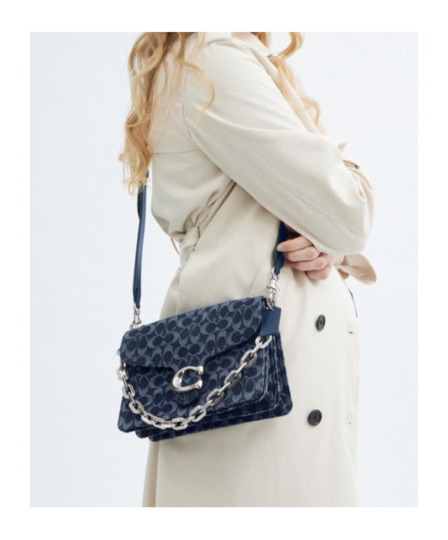 Shop Coach Chain Tabby Shoulder Bag In Signature Denim In Black
