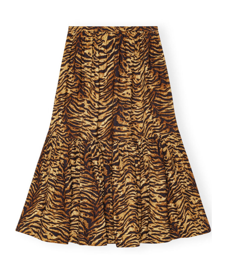 Ganni Tiger-striped Poplin Midi Skirt In Brown