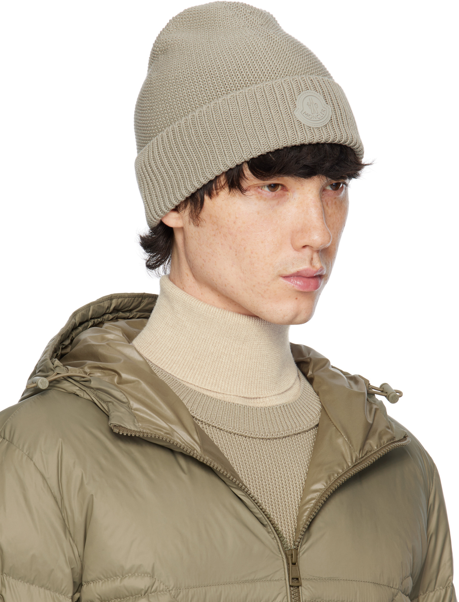 Moncler Beige Logo Patch Beanie In Nude