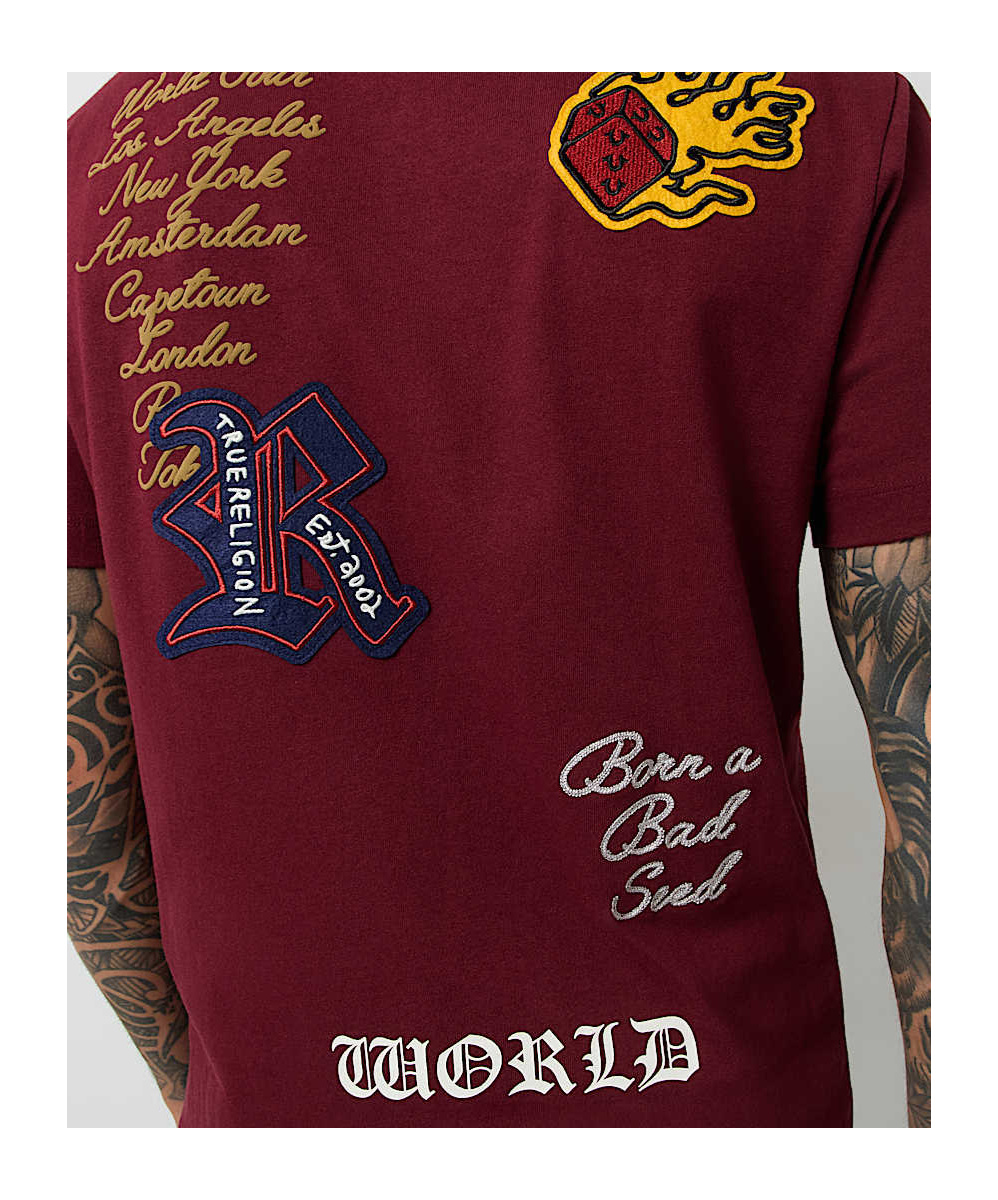 True Religion Short Sleeve Patch Embro Tee In Brown