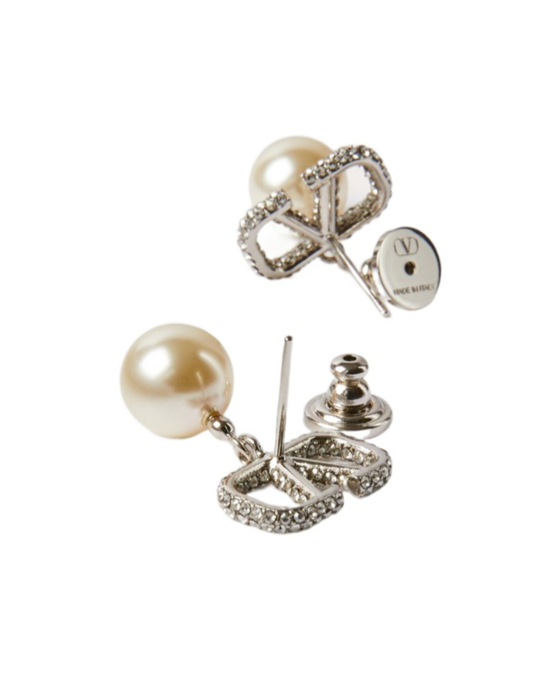Valentino Vlogo Signature Metal Earrings With Crystals And Pearls In Swarovski Crystal In Metallic