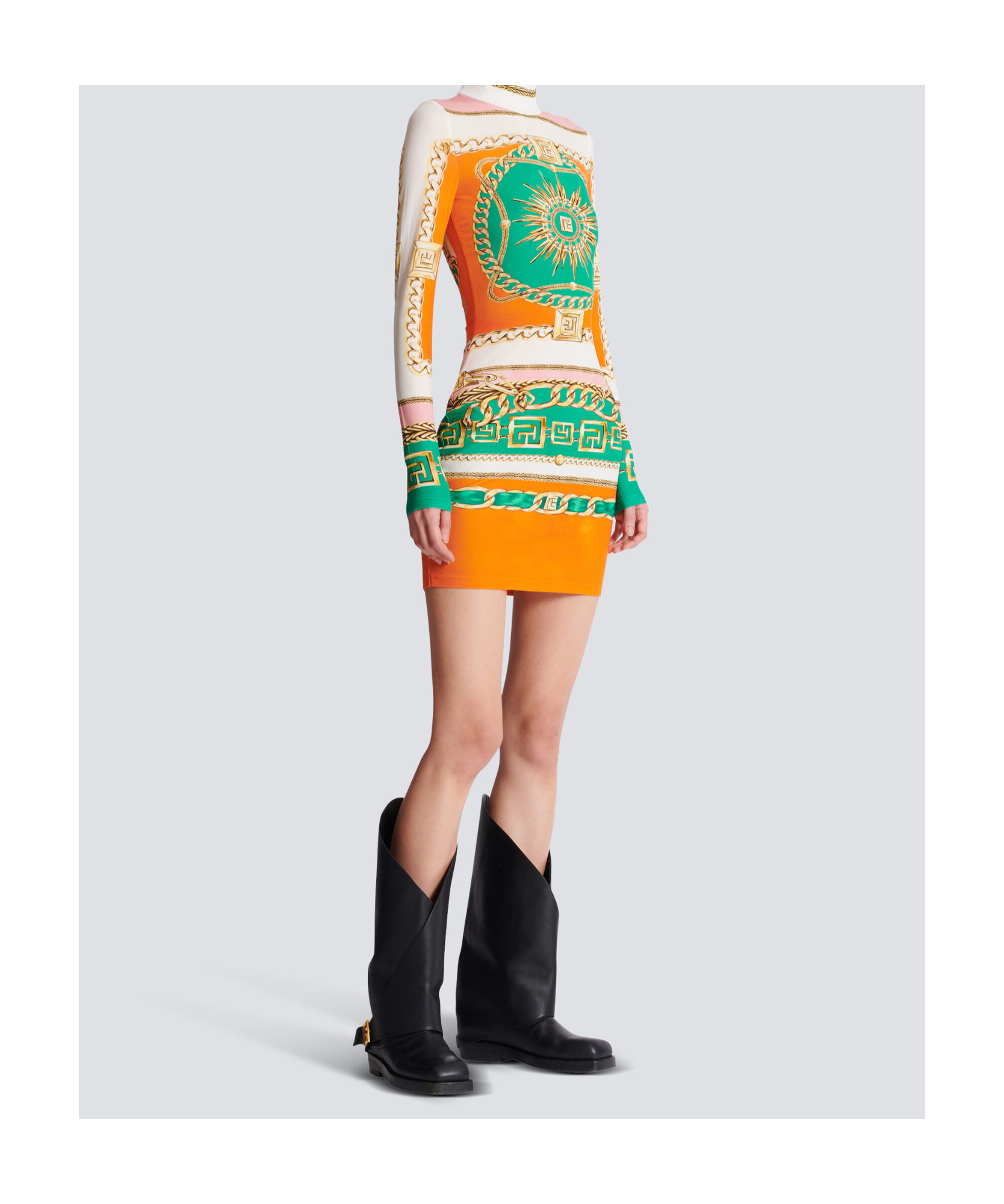 Balmain Foulard Print Long Sleeve Body-con Minidress In Orange