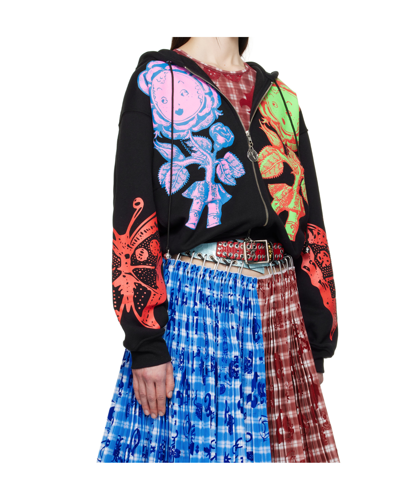 Chopova Lowena Black Double Rose Bud Zip Hoodie In Multicolor
