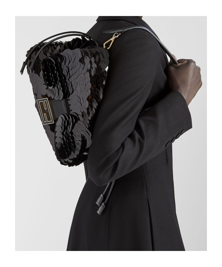 Fendi Mamma Baguette Medium Sequin Crochet Tote In Black