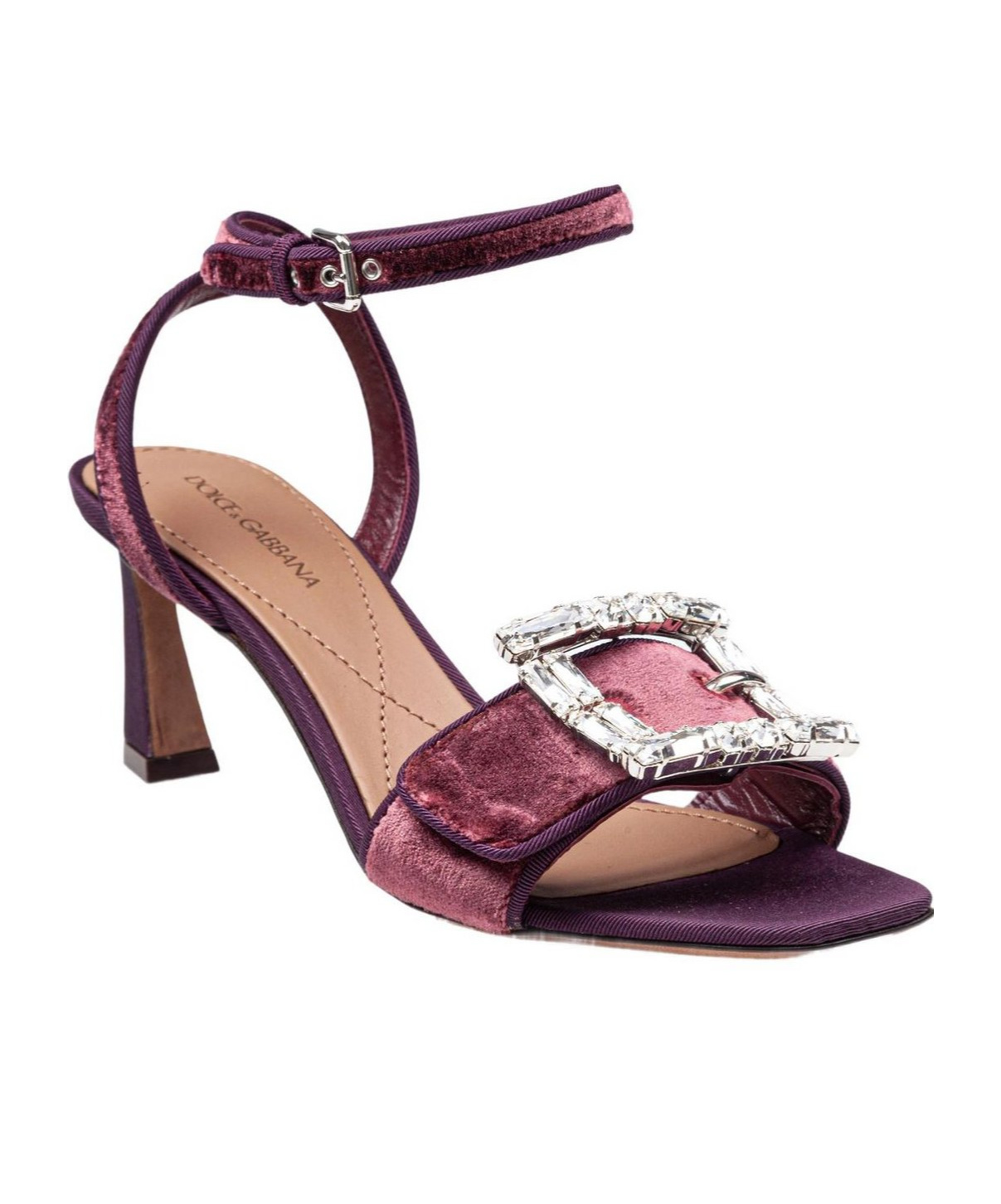 Dolce & Gabbana Velvet Sandal In Vinacca Color With Buckle With Stones In Red