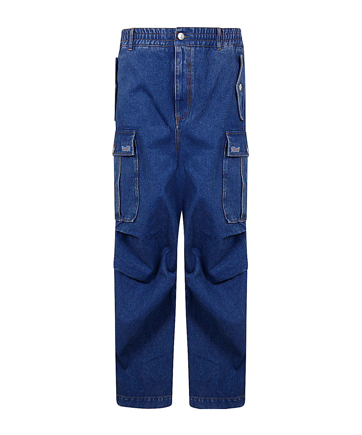 Shop Marni Dark Blue Denim Cargo Pants With Logo Patch