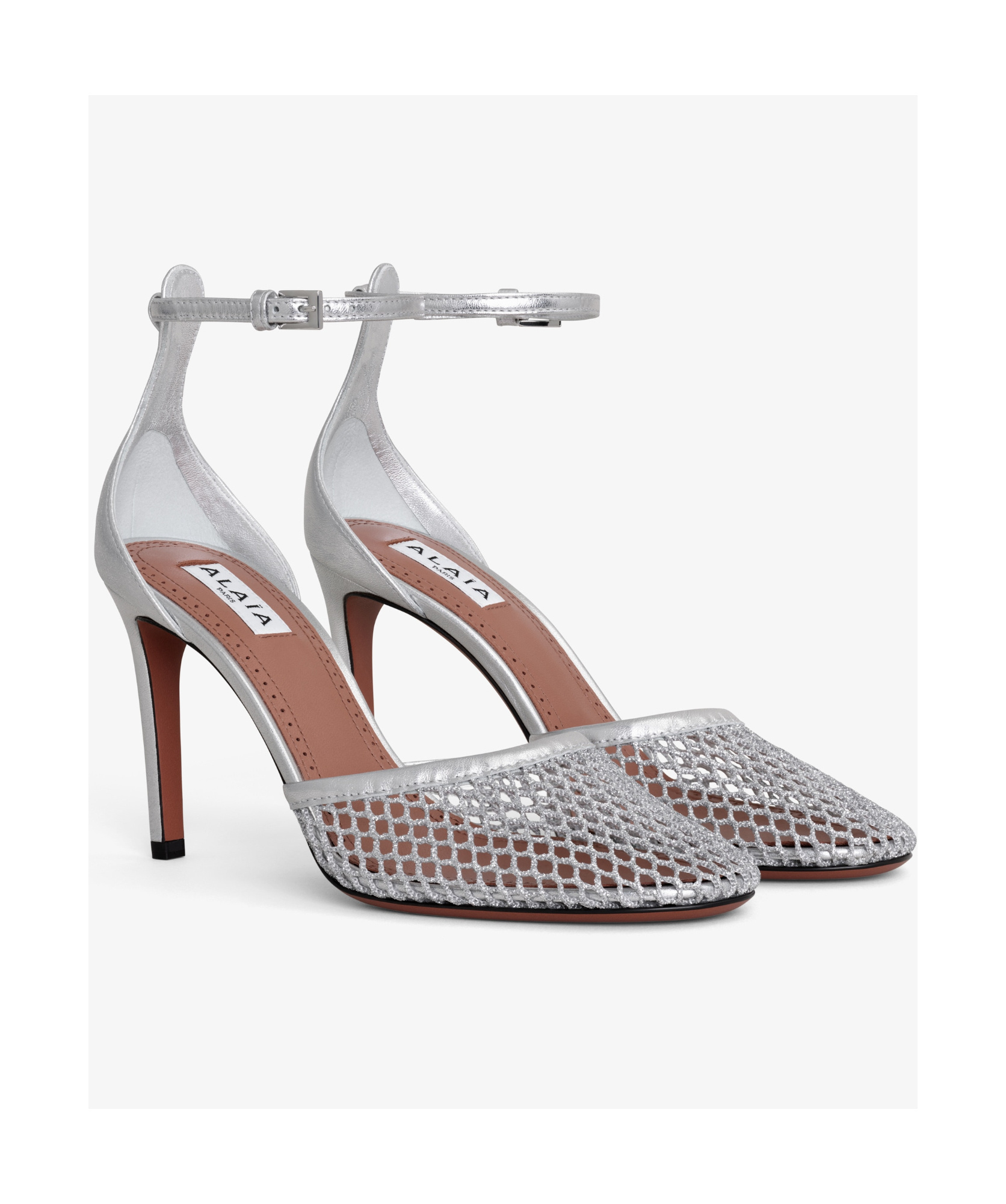 Alaïa 90 Fishnet And Metallic Leather Pumps In Gray