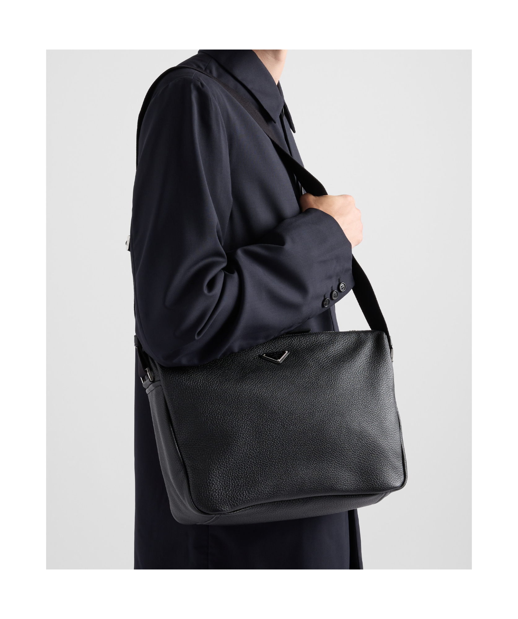 Prada Triangle Logo Leather Shoulder Bag In Black