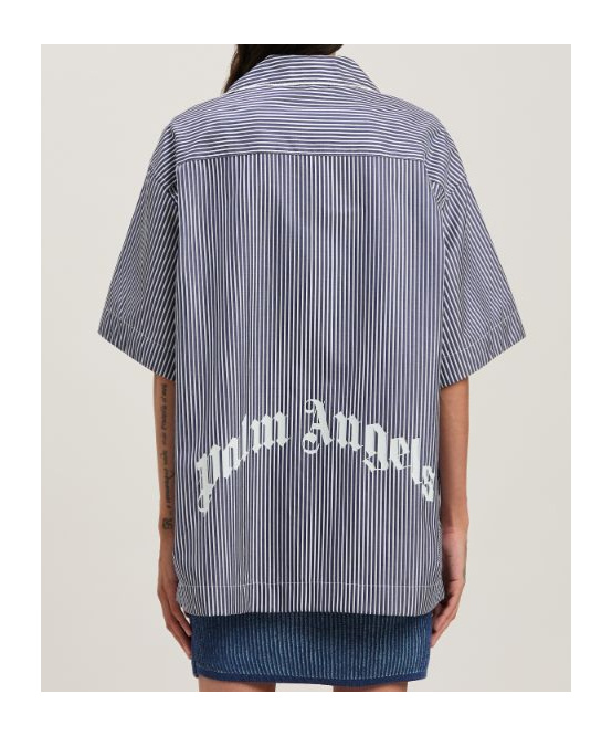 Palm Angels Navy Curved Logo Striped Shirt In Navy Blue