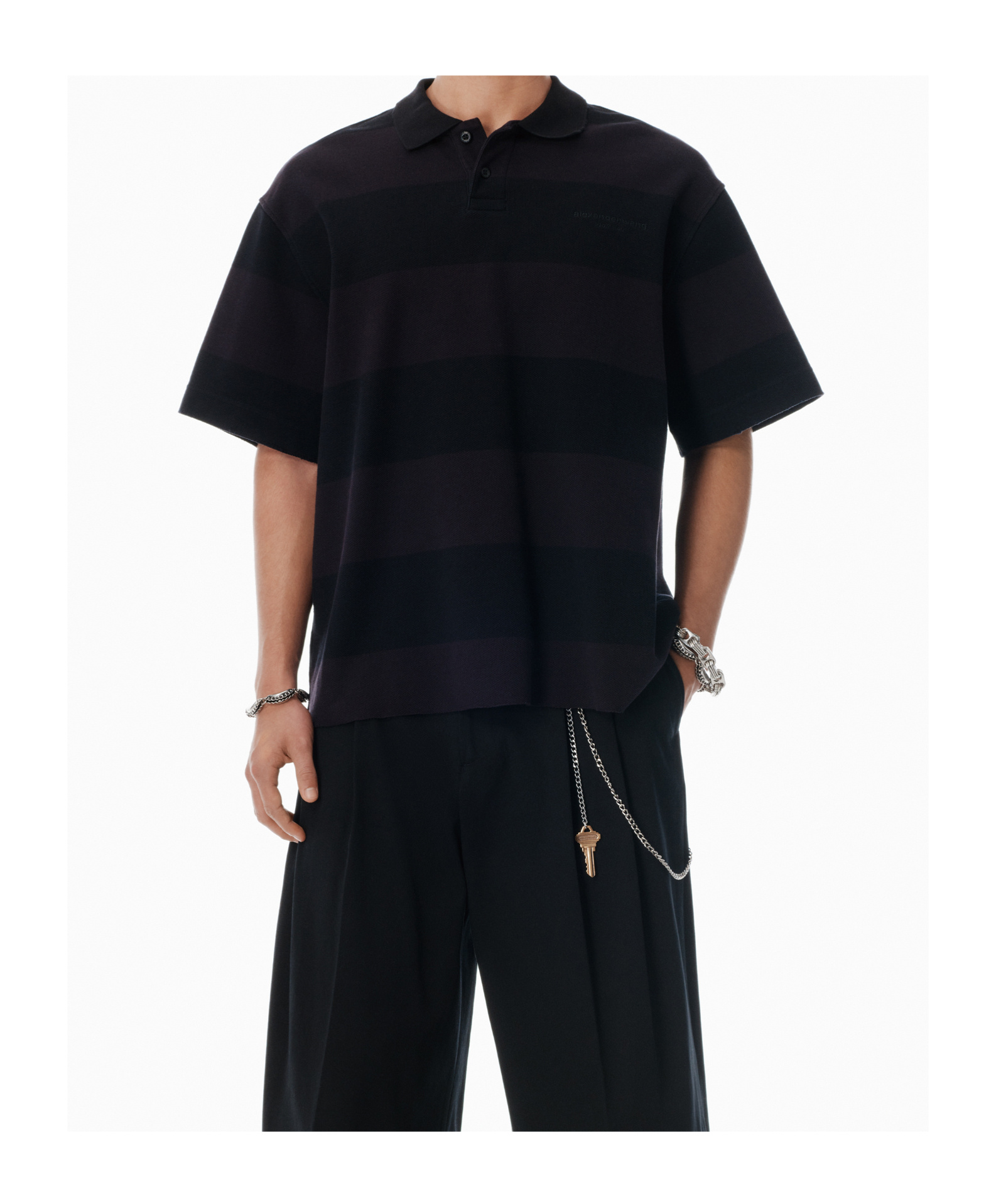 Alexander Wang Marina Striped Piqué Polo Shirt In Black
