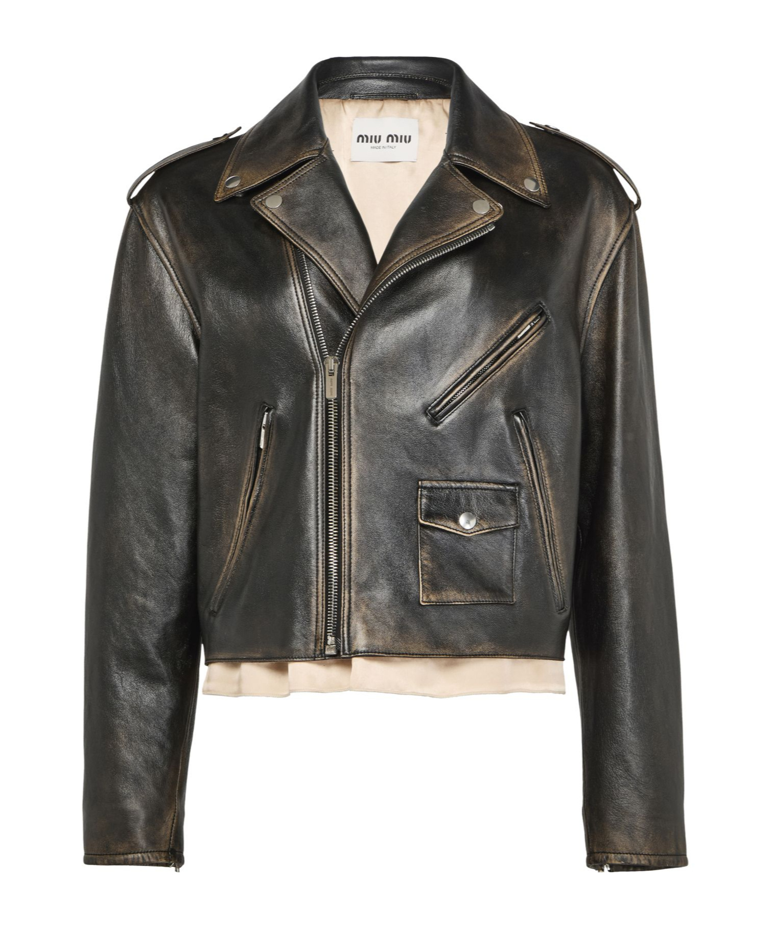 Miu Miu Long-sleeved Leather Jacket In Black