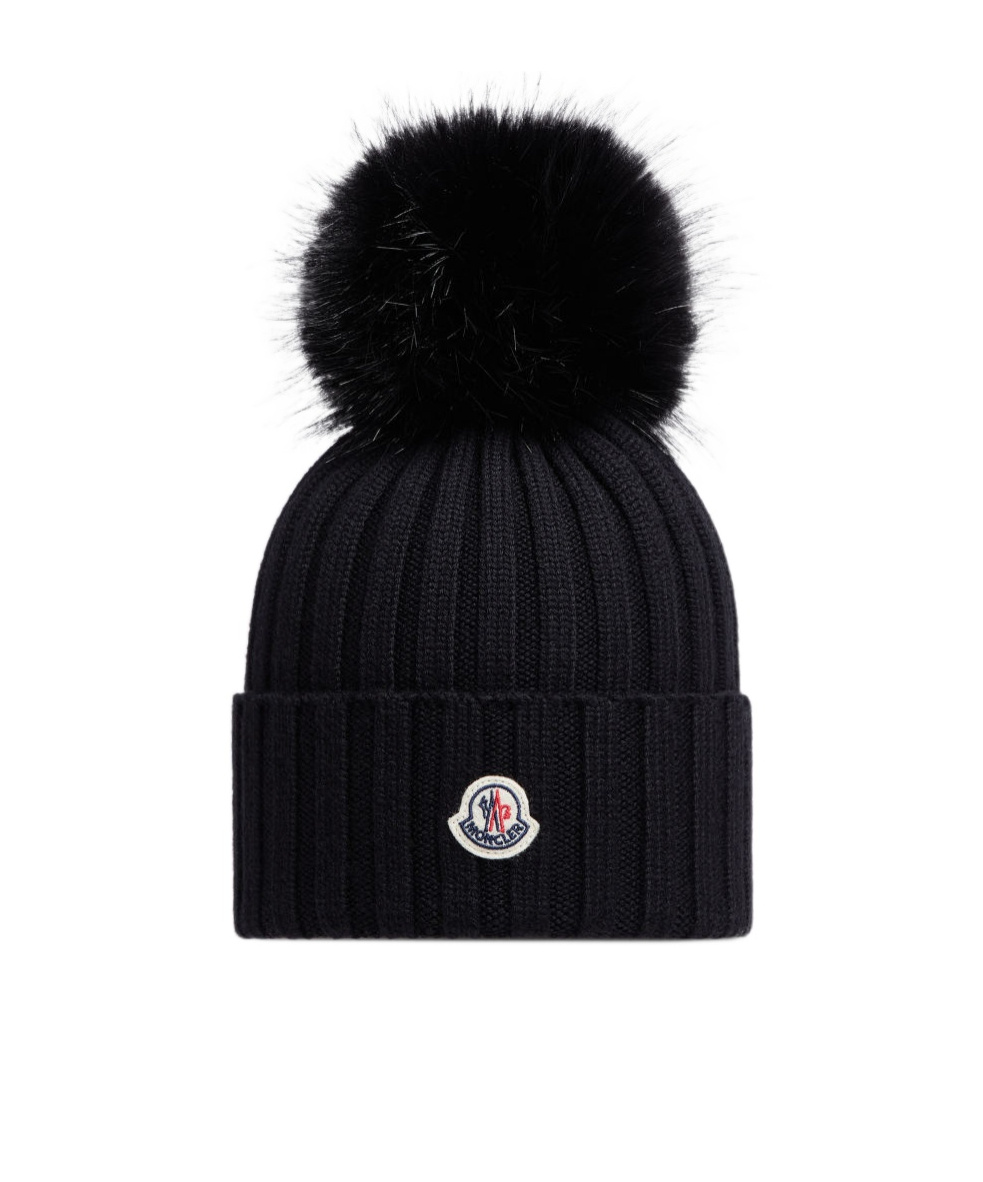 Moncler Ribbed Knit Wool Beanie With Faux Fur Pom-pom In Black