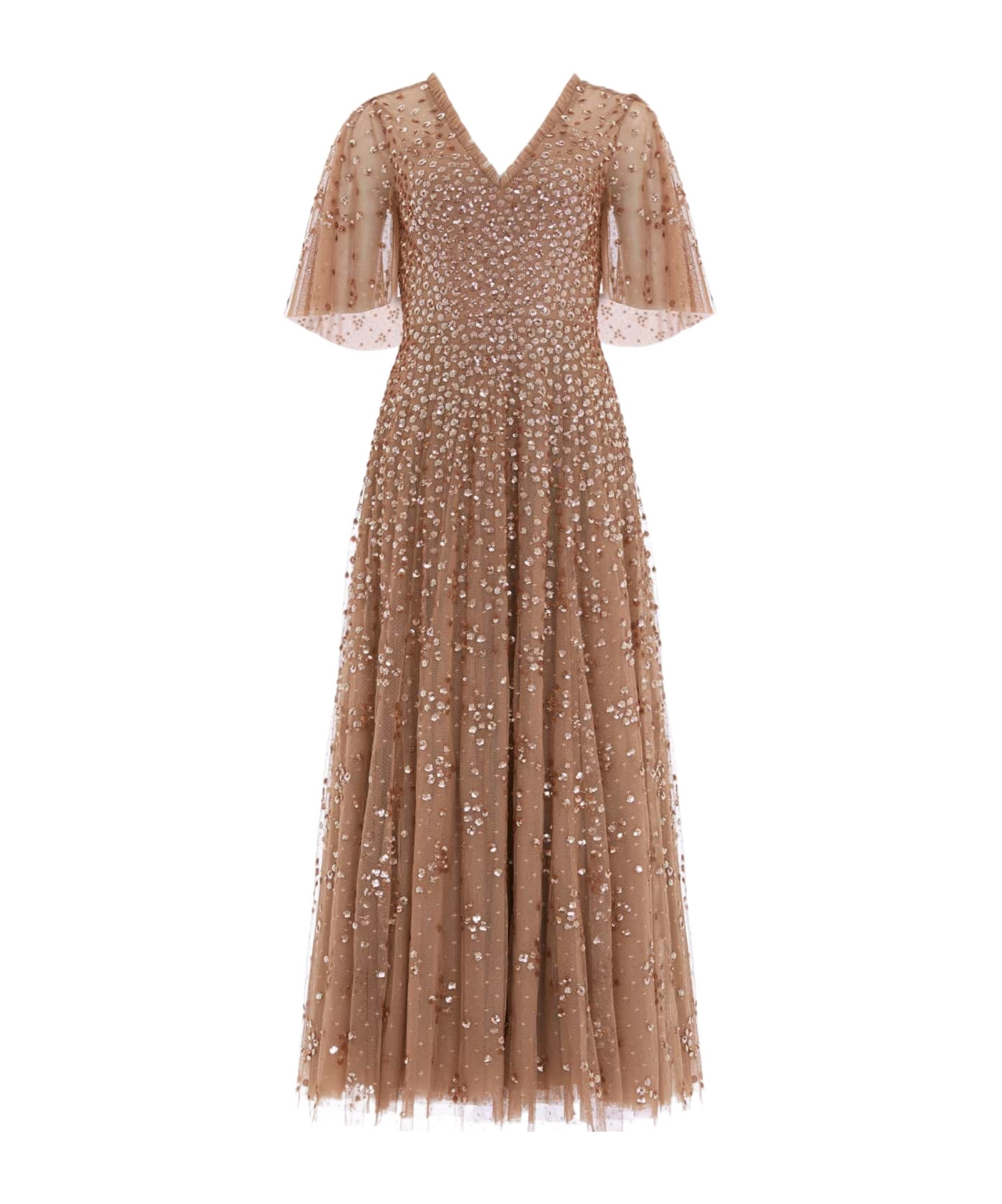 Needle & Thread Leila Dot V-neck Cape Ankle Gown In Brown