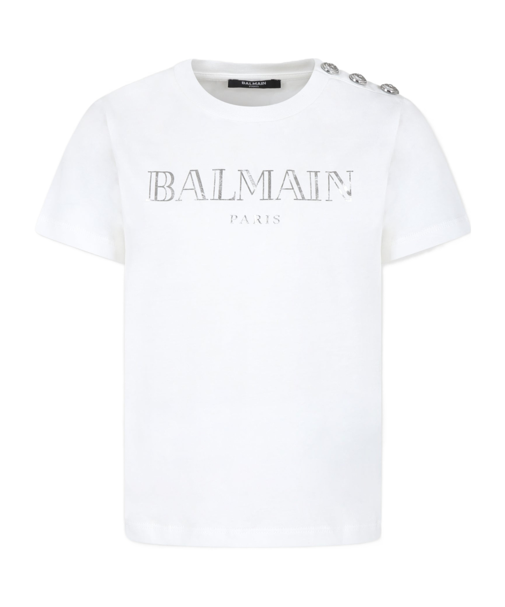 Balmain White T-shirt With Silver Buttons And Logo In White