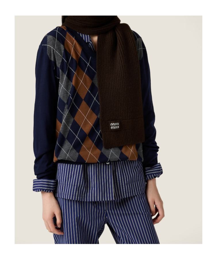 Miu Miu Logo-intarsia Cashmere Scarf In Brown