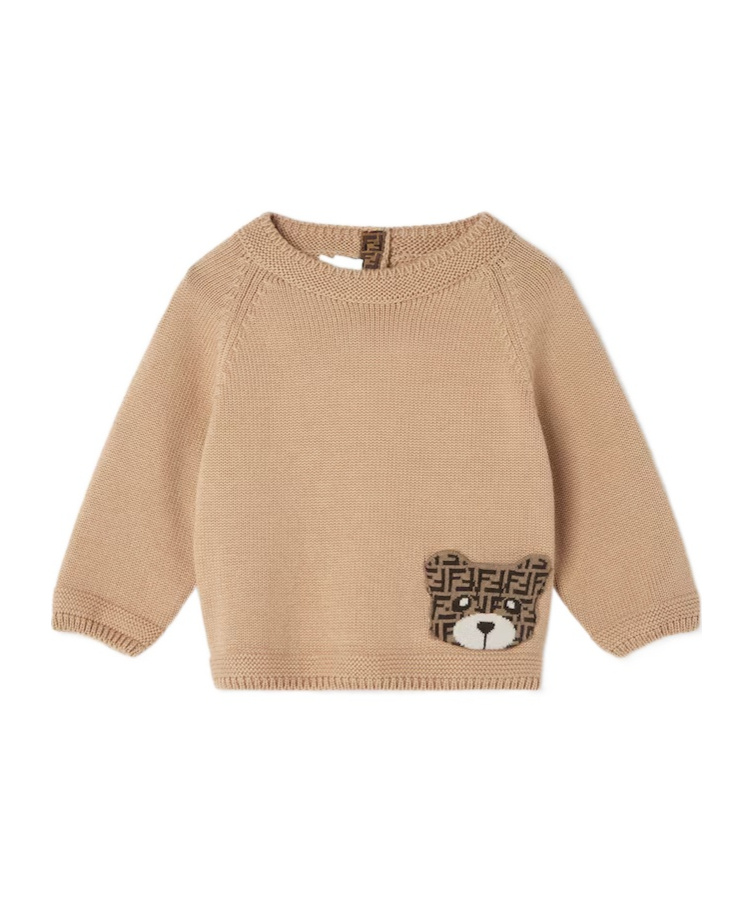 Fendi Brown Cotton Jumper With Ff Teddy Bear In Nude