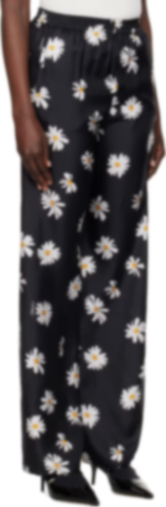 Moschino Black Silk Twill Allover Daisy Trousers In Black